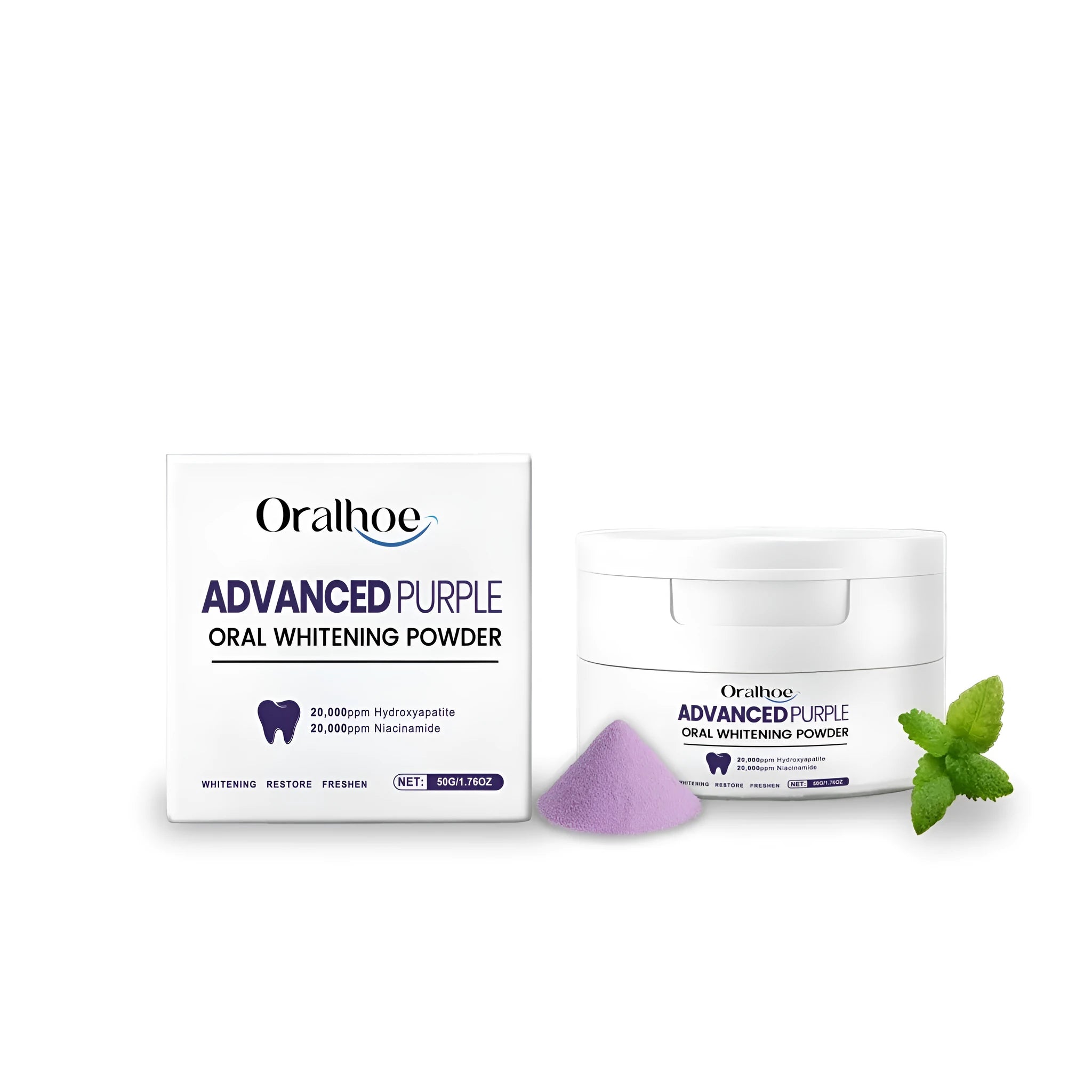 50g container of hydroxyapatite tooth powder with natural mint and lavender ingredients