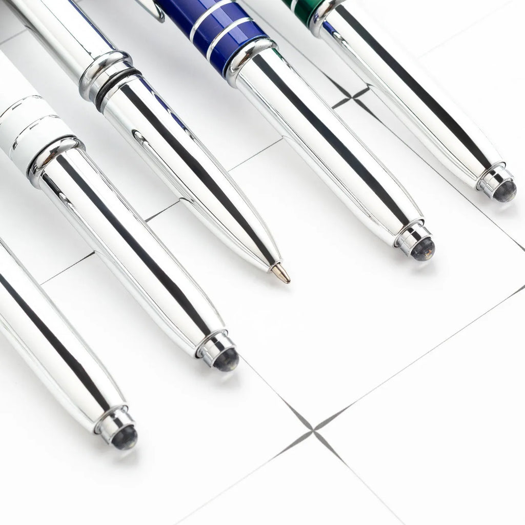 Metal multifunctional pen with capacitive stylus tip, LED light, and five colour options