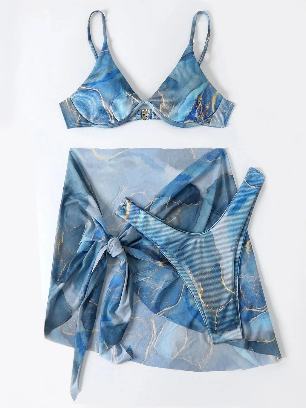 Marble print 3-piece bikini swimwear set showing bra, skirt, and panties in six colour options