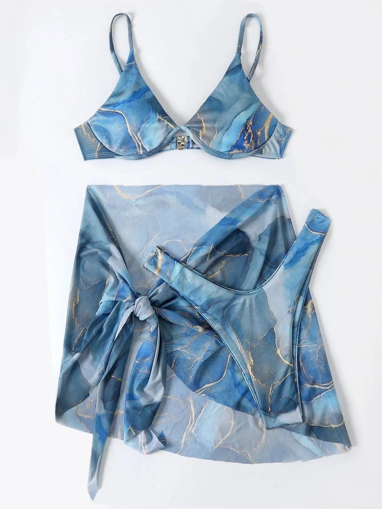 Marble print 3-piece bikini swimwear set showing bra, skirt, and panties in six colour options