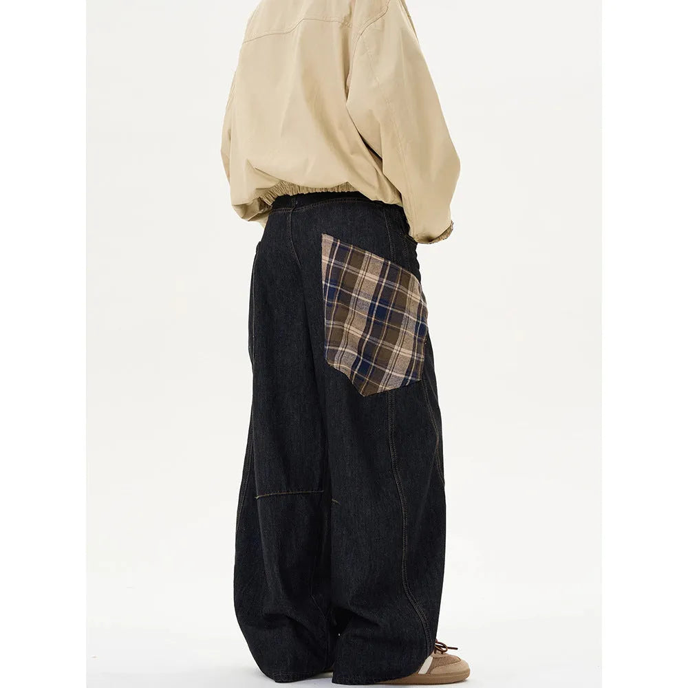 Loose retro casual trousers in coffee plaid and red plaid colours, straight-leg style