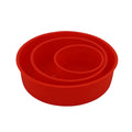 Red silicone round cake mould set showing three sizes: 8-inch, 6-inch, and 4-inch baking trays