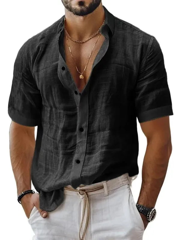 Men's solid colour lapel shirt with short sleeves in cotton linen blend fabric