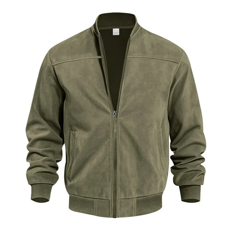 Man wearing a plus size Army Green suede zip-up casual jacket.