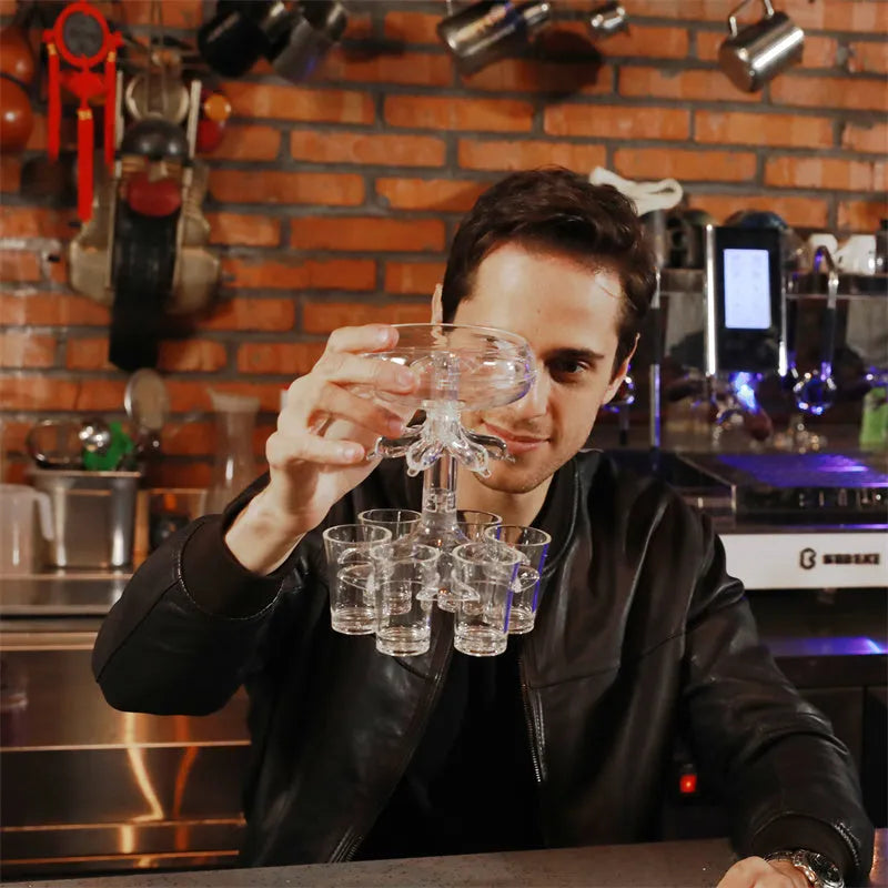 Transparent six-shot glass dispenser holder with goblet shape and six cups