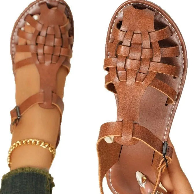 Dark brown women's vintage weave sandals with closed toe and buckle strap.