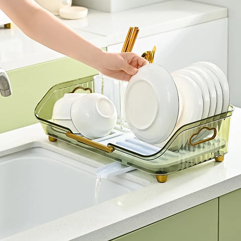 Transparent plastic countertop cutlery storage rack with draining design, Nordic style, in coffee, green, or white.