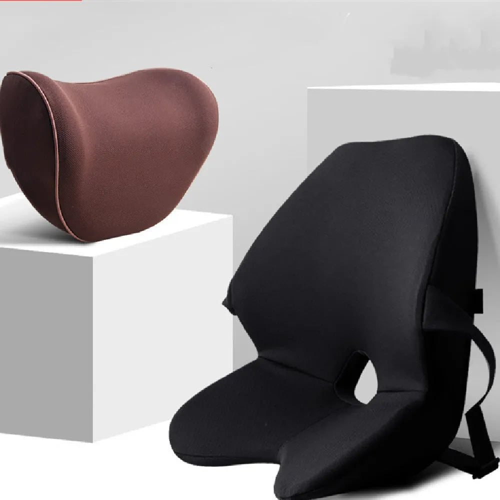 Memory foam car seat lumbar support cushion and optional matching headrest in neutral colours