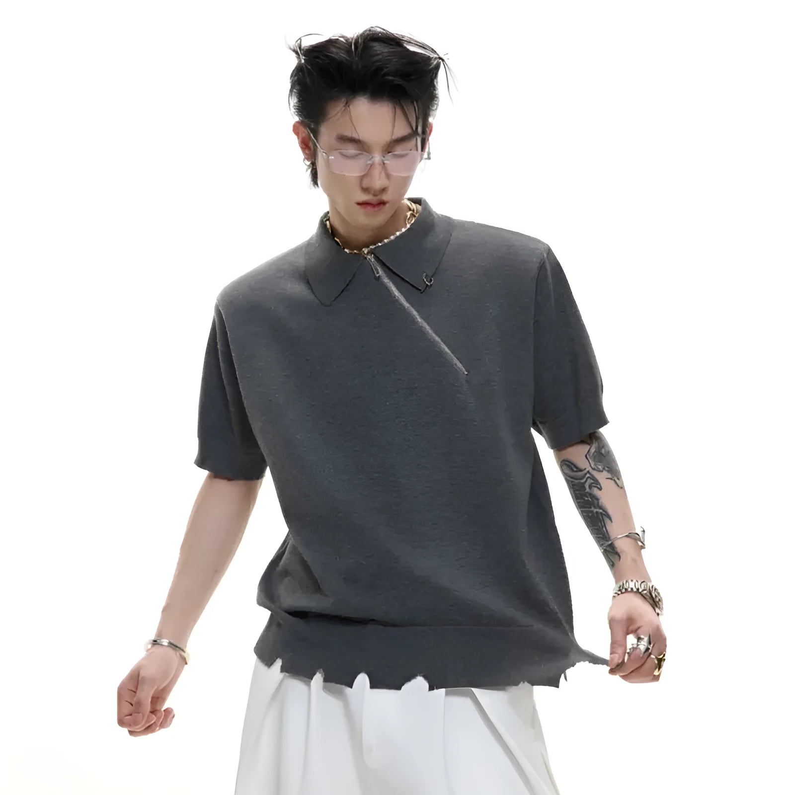 Men's black slim-fit knitted polo shirt with an oblique diagonal zipper on the lapel collar.
