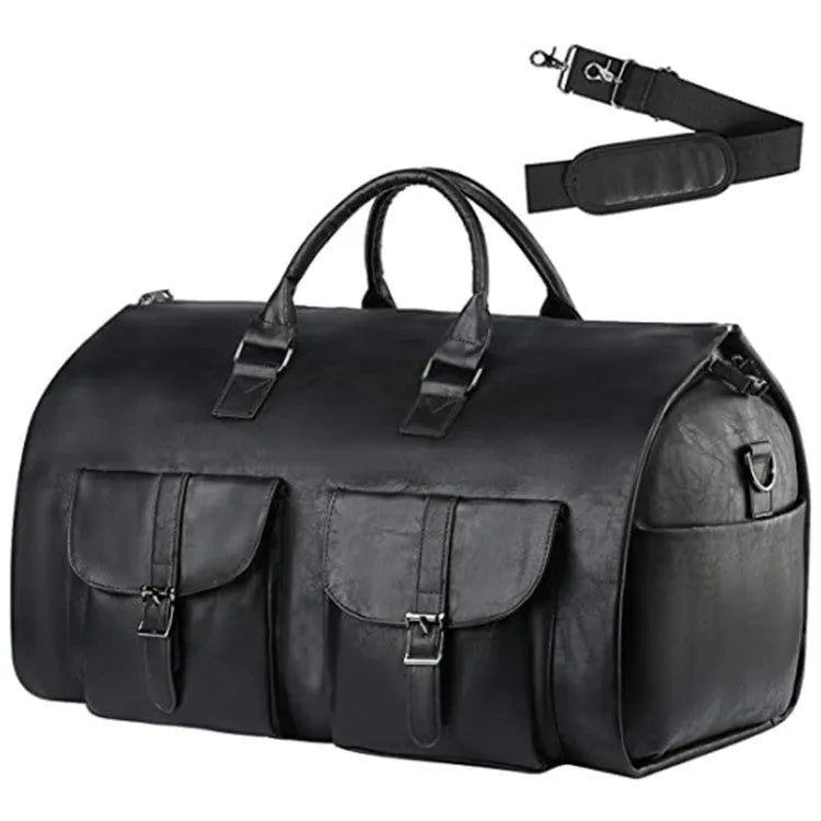 Convertible travel carry-on bag in waterproof PU leather, 36-55L capacity, shown in black with retro styling