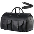 Convertible travel carry-on bag in waterproof PU leather, 36-55L capacity, shown in black with retro styling