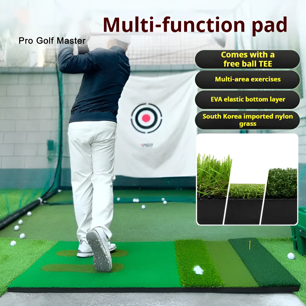 PGM multifunctional golf practice mat on indoor floor with golf ball