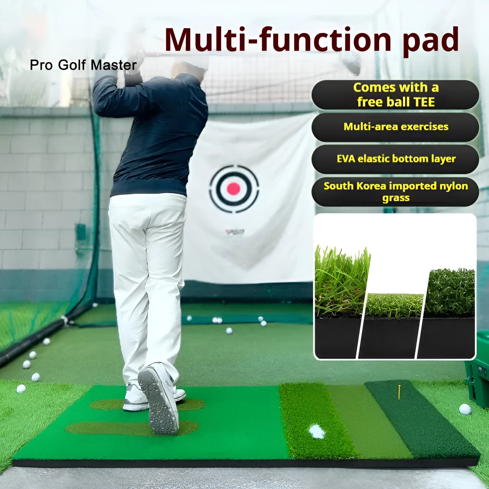 PGM multifunctional golf practice mat on indoor floor with golf ball