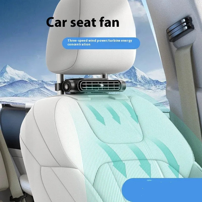 USB-powered black car seat fan attached to headrest with velcro strap, showing button controls.
