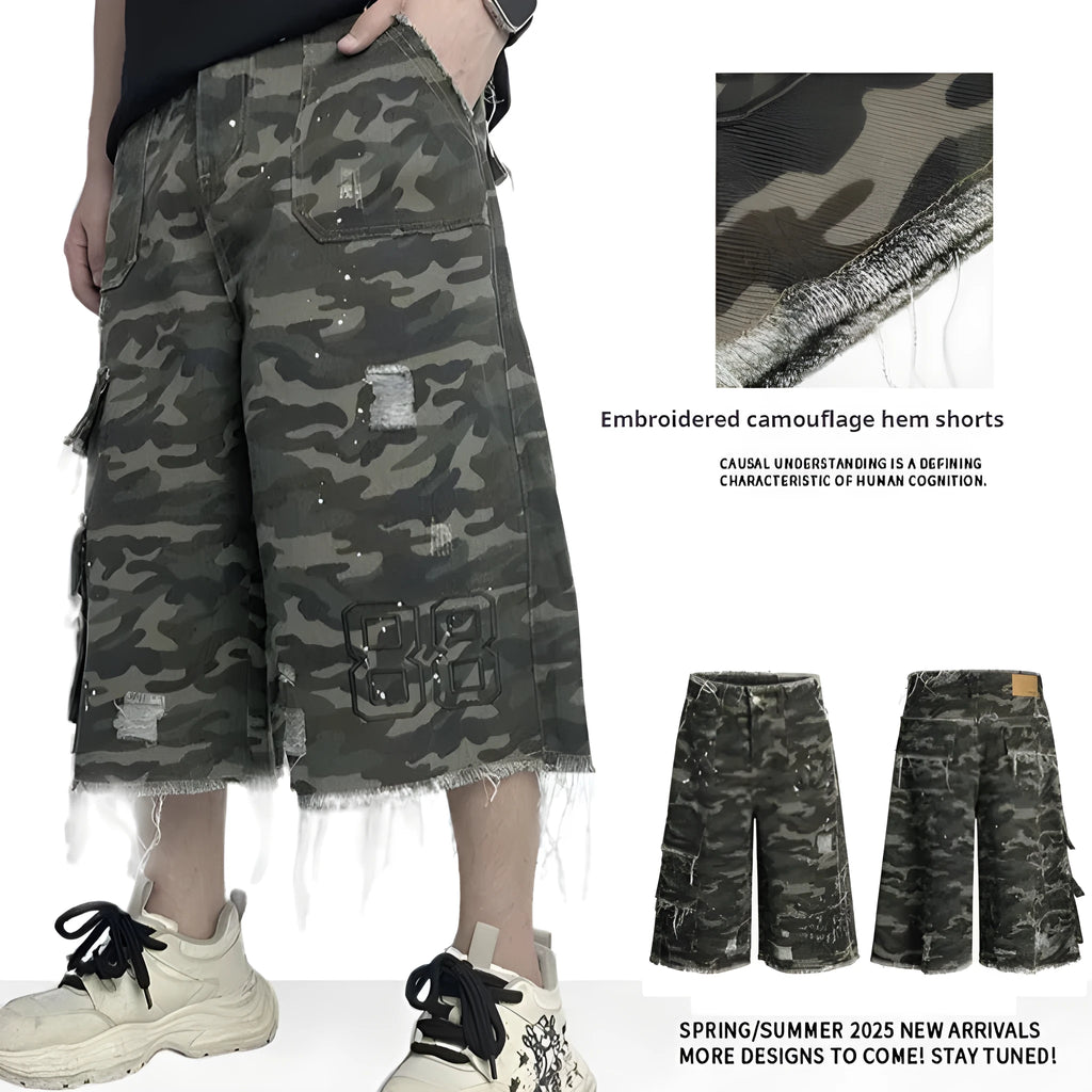 Camouflage wide leg cotton shorts with burrs set detailing for summer casual wear
