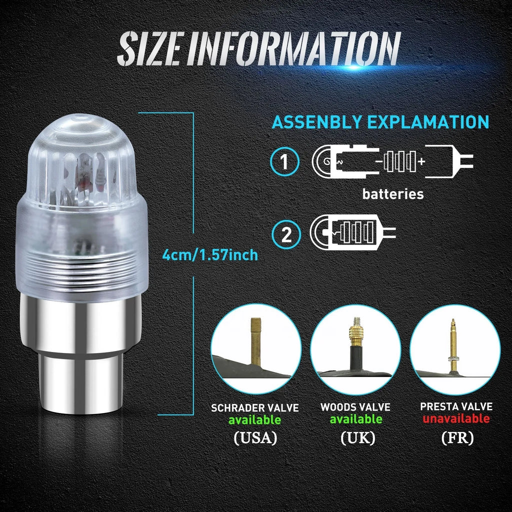 Two LED wheel valve lamps in ABS casing, 4cm size, for bicycle or car tyre valve attachment