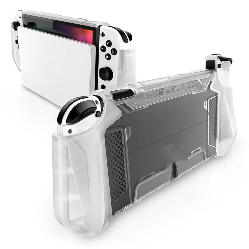 TPU protective case for Nintendo Switch OLED 2021 in various colours on a grey background.