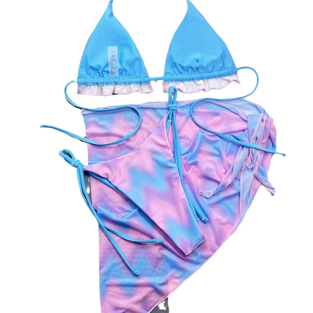 Women's tie-dye bikini swimsuit set with skirt for swimming activities