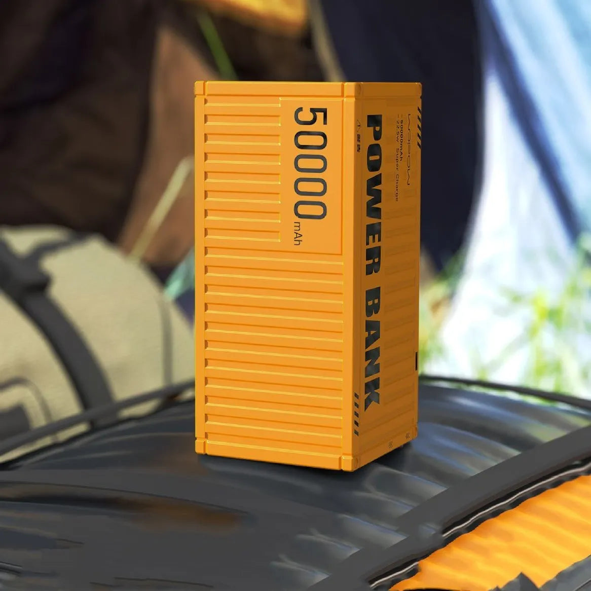 Large 50000mAh outdoor power bank with digital display and five output ports in yellow plastic case