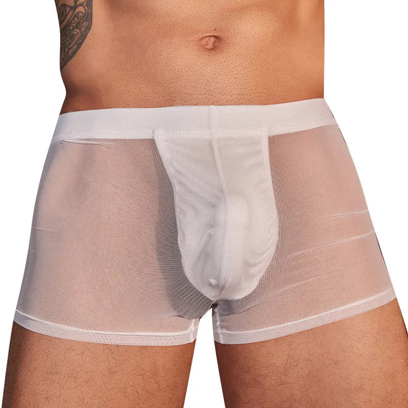 A pair of men's ultra-thin black boxer briefs made from breathable nylon fabric.