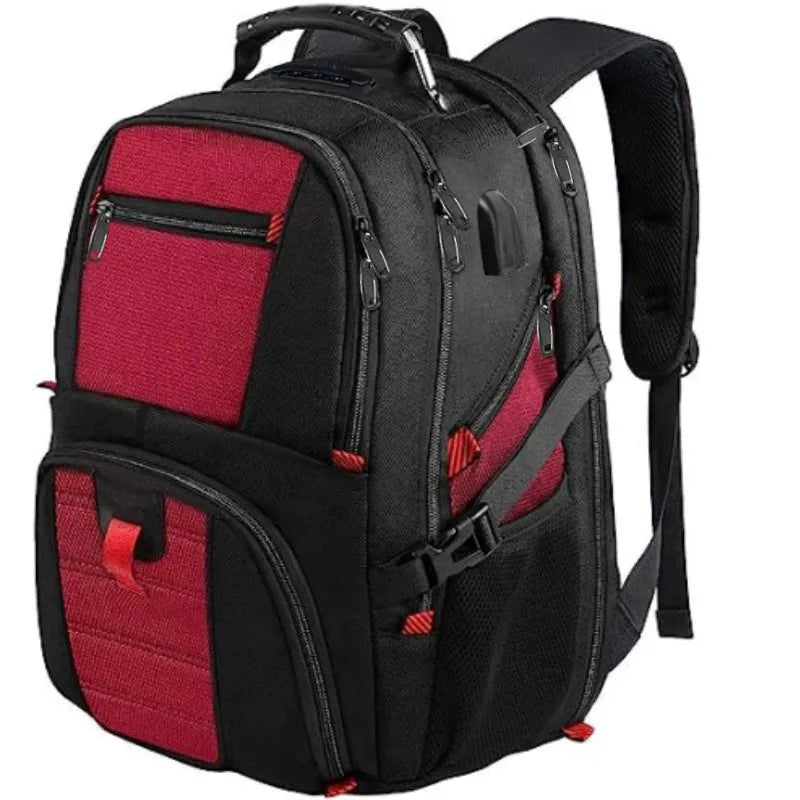 Large black waterproof Oxford cloth USB backpack with curved shoulder straps, shown open.
