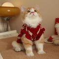 Red cat sweater with rhombic embroidery cherry design showing front view with size label