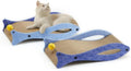 Blue fish-shaped cat scratcher pad with ball toy on elastic cord, wavy cardboard design for scratching and lounging