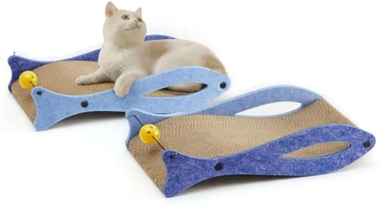 Blue fish-shaped cat scratcher pad with ball toy on elastic cord, wavy cardboard design for scratching and lounging