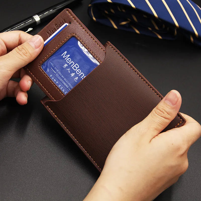 Men's black PU leather short wallet showing iron-edge card-picking design