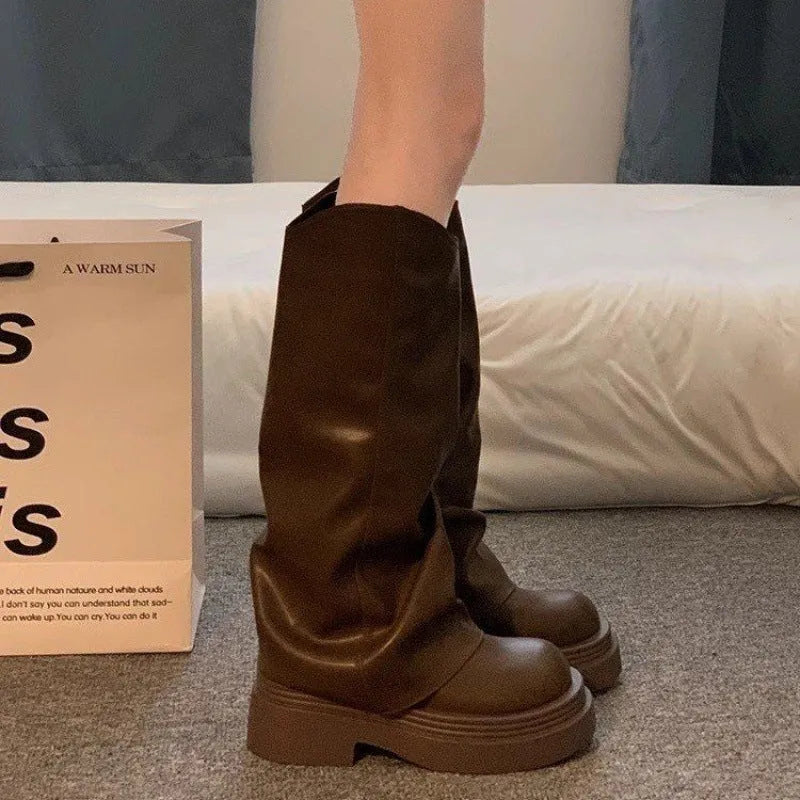 Women's autumn round toe high cylinder platform boots in beige, brown, and black, PU upper and rubber sole