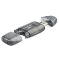 Transparent plastic USB card reader with SD and MS slots on a white background.