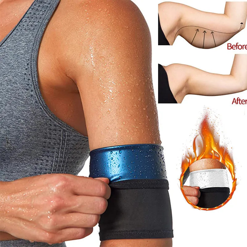 Blue and silver sports arm sweatbands shown in various sizes on an arm.