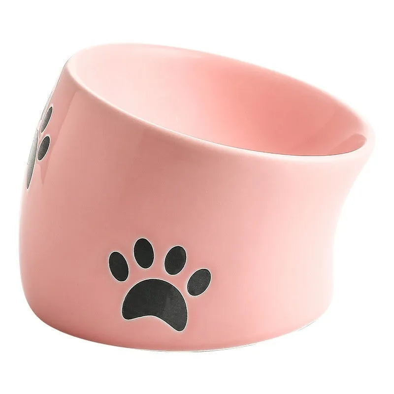 Ceramic cat bowl with high-foot design and cat's paw pattern in choice of colours