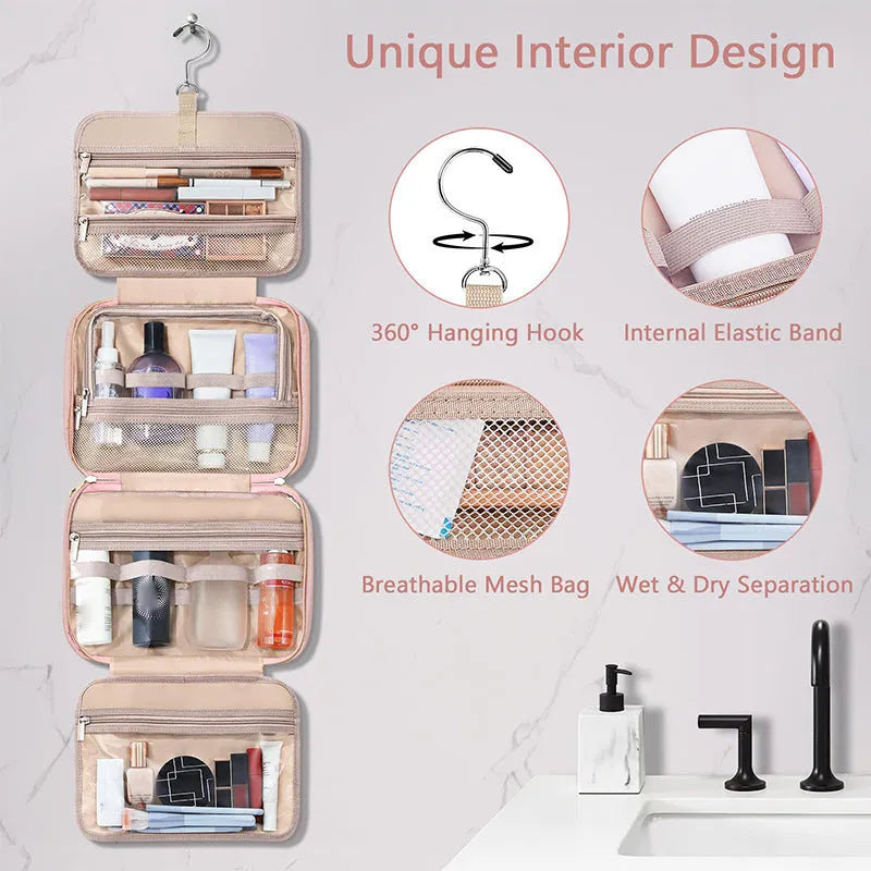 Waterproof polyester hanging cosmetic bag in pink or black measuring 30.5x11x22.9cm