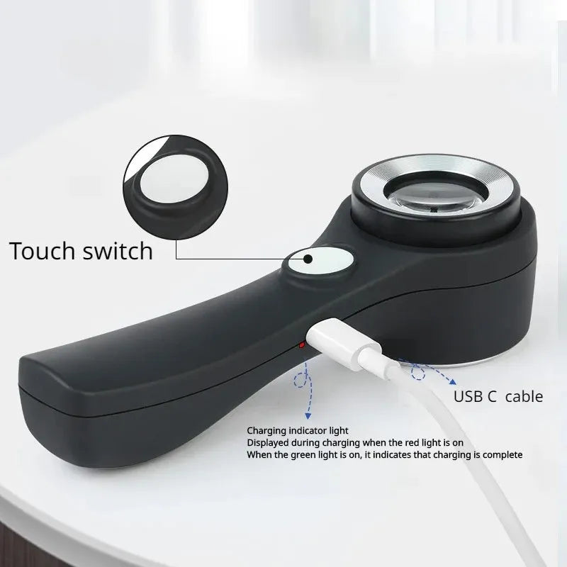 Black appraisal magnifying glass with 30x optical lens and LED light for jewellery inspection
