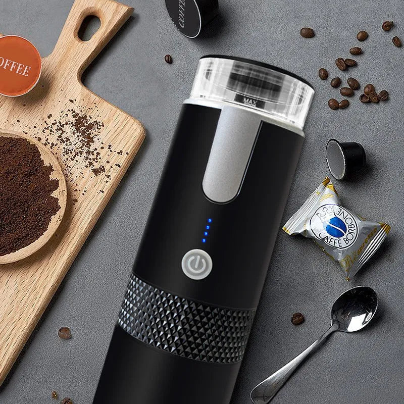 Black portable wireless electric coffee maker, 170ml tank, 1200mAh battery, USB charging, H245mm x 76mm