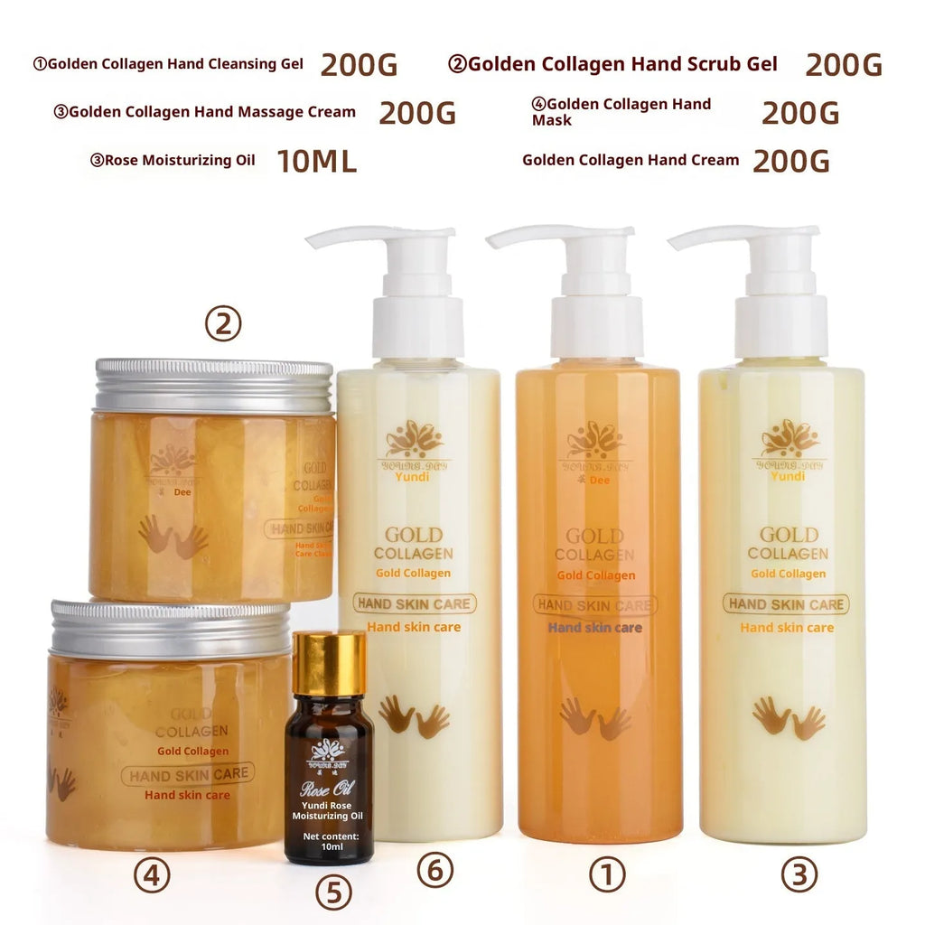 Gold Collagen Hand Care Set with seven products including hand cleansing gel, scrub gel, massage cream, hand mask, hand cream, and rose essential oil