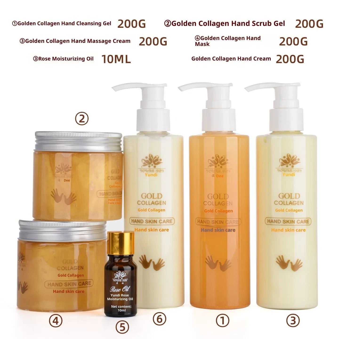 Gold Collagen Hand Care Set with seven products including hand cleansing gel, scrub gel, massage cream, hand mask, hand cream, and rose essential oil