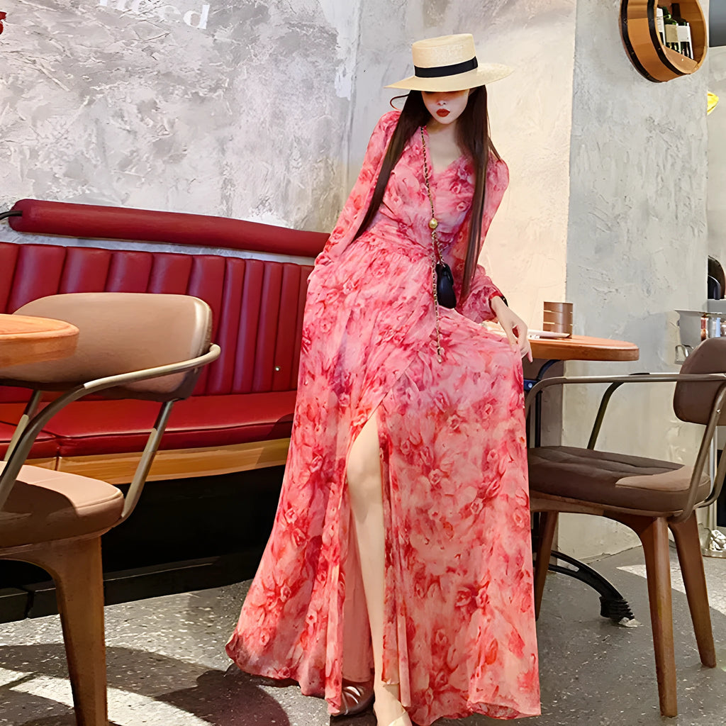 Floral V-neck Pure Desire split long sleeve dress in pink with princess sleeves, mid-length skirt, art retro style