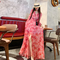 Floral V-neck Pure Desire split long sleeve dress in pink with princess sleeves, mid-length skirt, art retro style