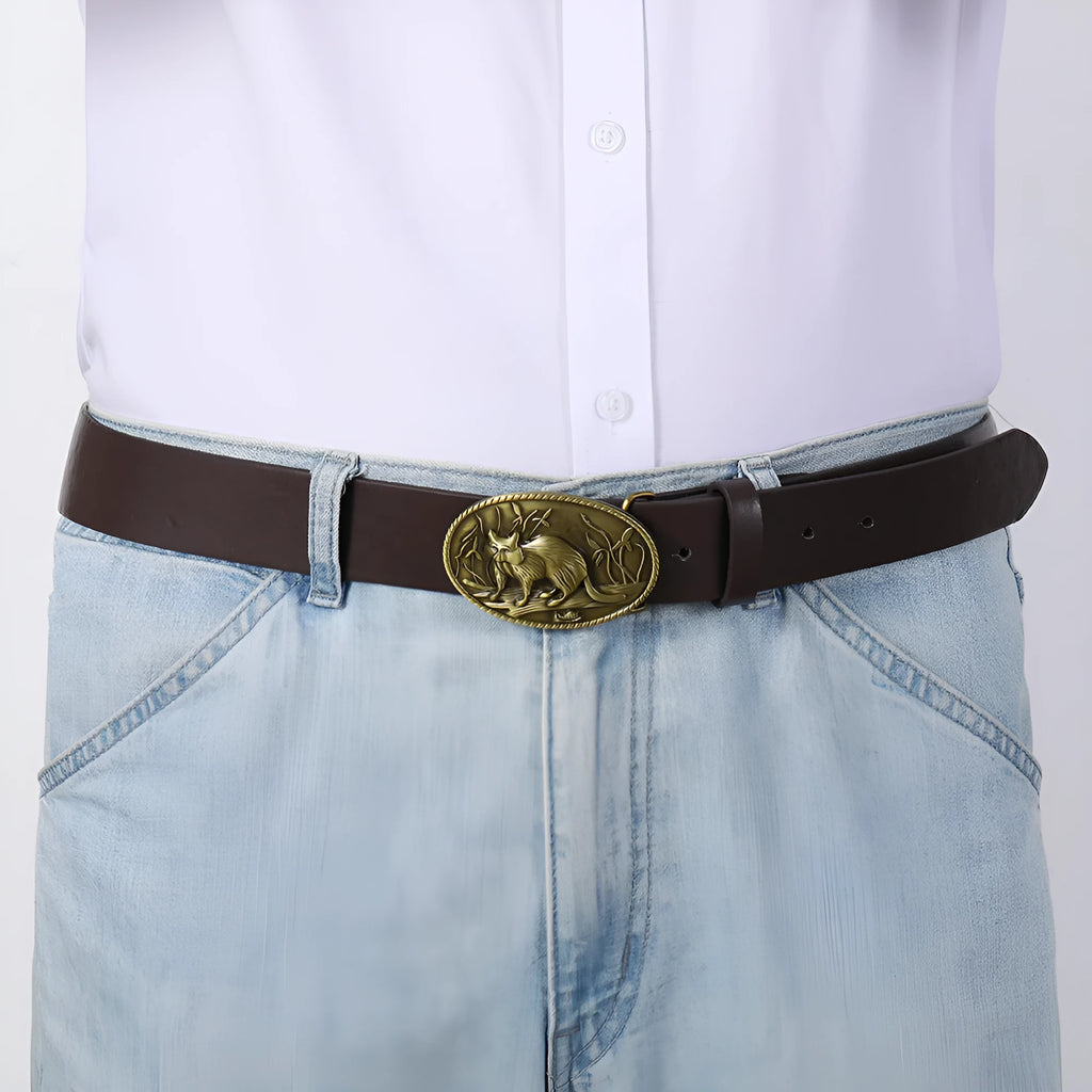 Fashion buttonless head eyelet men's belt in Black PU leather with patent leather treatment, shown flat on surface