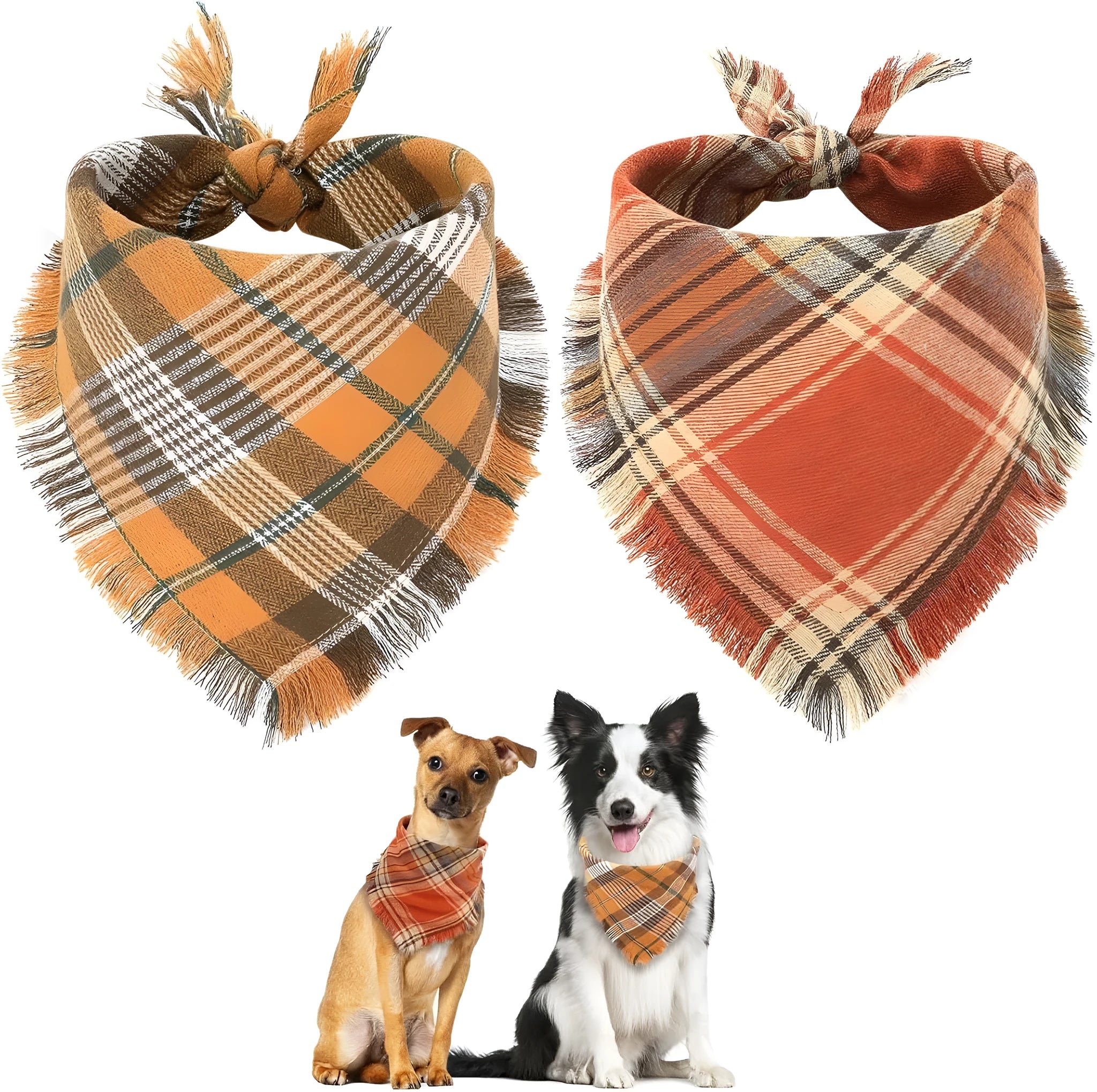 Classic plaid dog bandana with tassel edges in autumn colours of brown, green, orange, red, yellow.