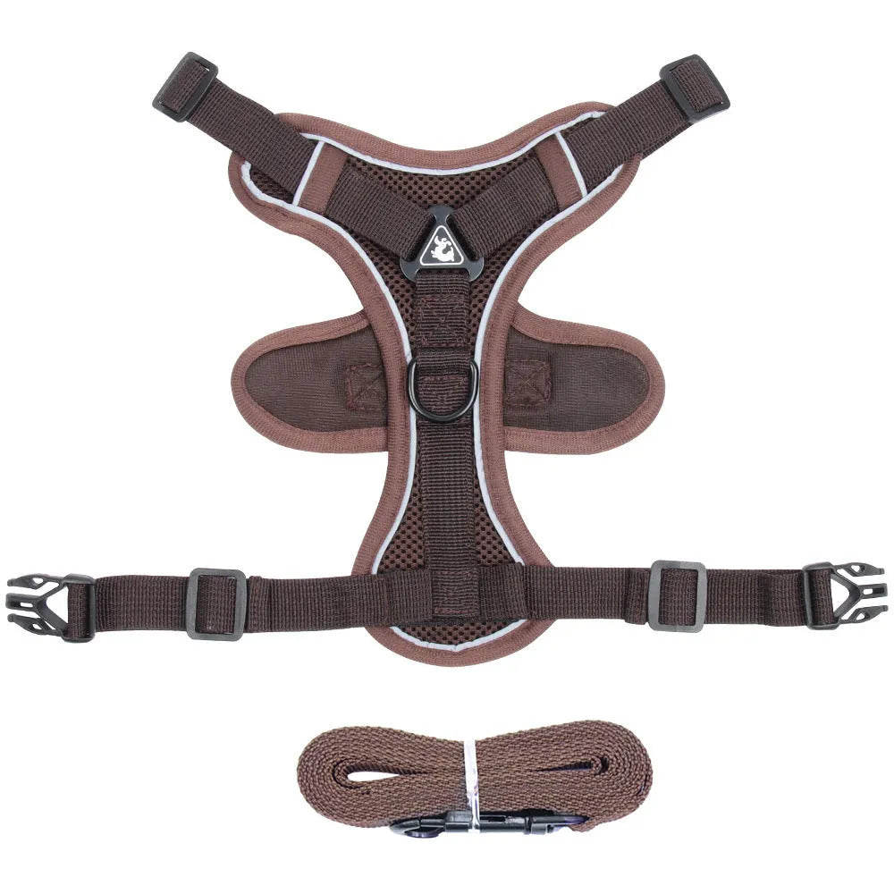 Grey adjustable cat chest harness and leash made from soft mesh with reflective strips.