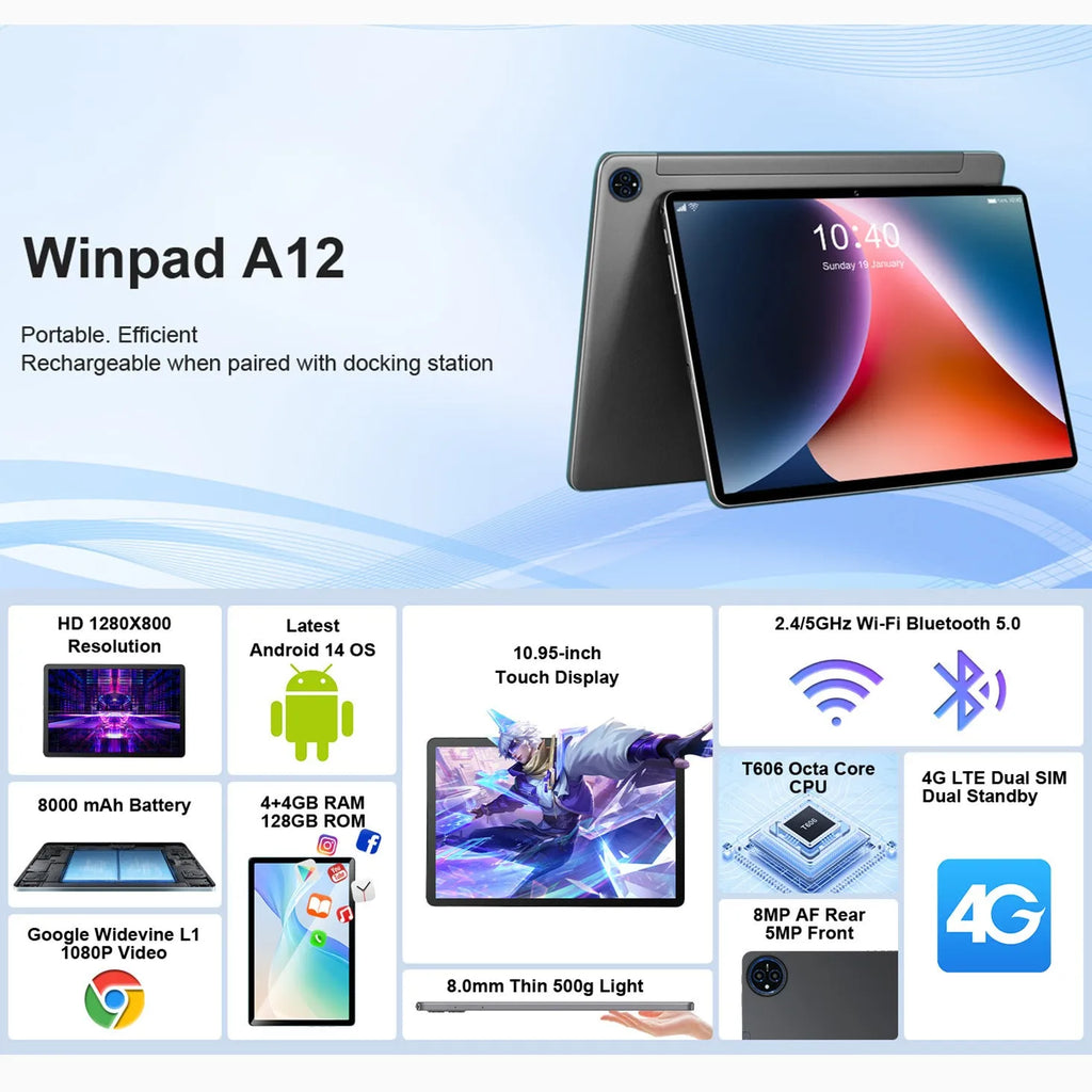 10-inch business tablet in bare metal blue with leather keyboard case open showing keyboard and screen