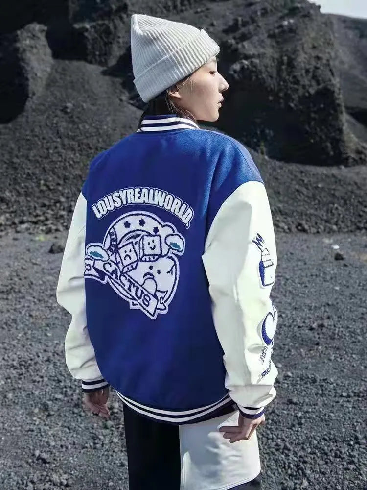 Men's college style stand up collar embroidered letter jacket in straight fit polyester, side slit pockets, single breasted