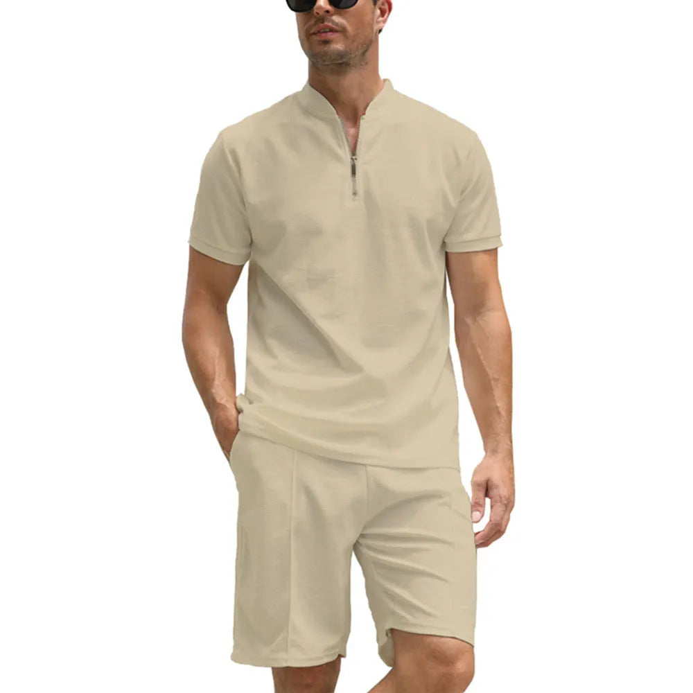Men's solid colour polo shirt and trouser two-piece set in beaded bird's eye polyester fabric