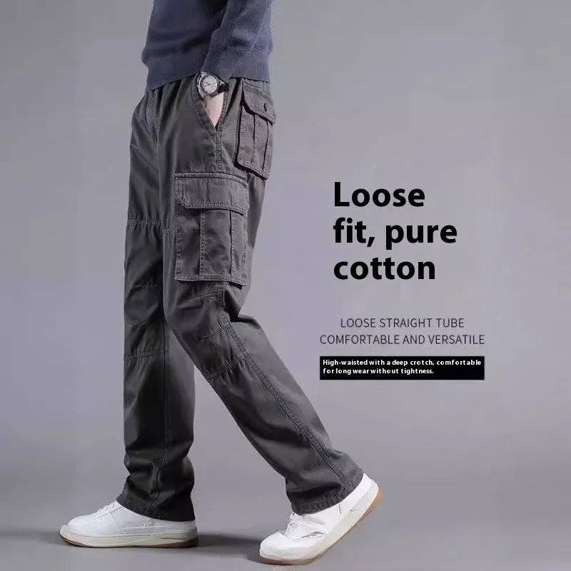 Men's multi-pocket 100% cotton cargo pants in khaki, front view, with zip fly and cargo pockets on legs