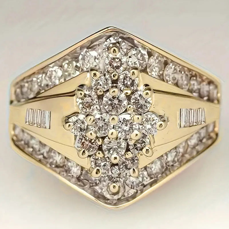 Gold electroplated copper heavy industry ring with geometric palace style design