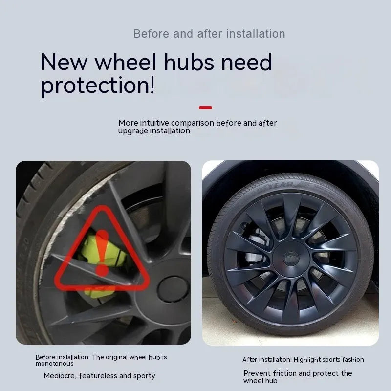 Tesla Model Y wheel hub cover set in four colour options protecting sectional wheel steel rings
