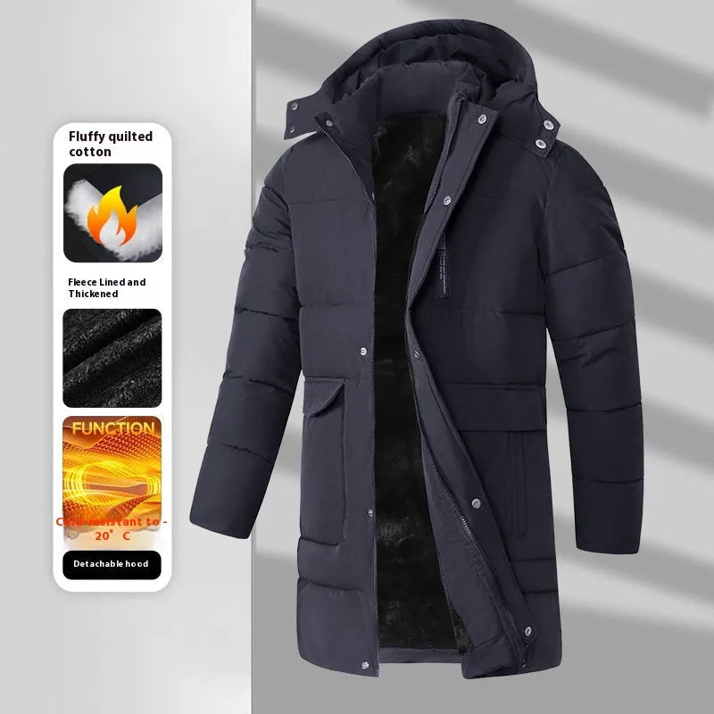 Men's long corduroy padded coat, thickened, drawstring style, available in black, army green and blue, sizes XL to 5XL